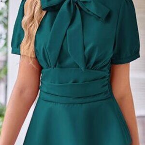 Grace Karin Teal Women's Short Sleeve Bow Neckline Blouse